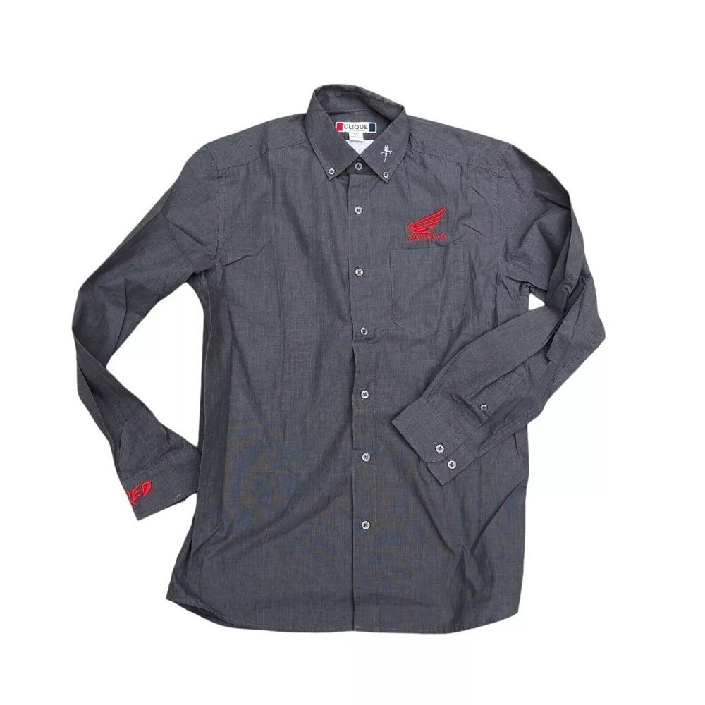 CLIQUE American Honda Motor Ride Red Shirt Men's SM Grey Button Down Long Sleeve
